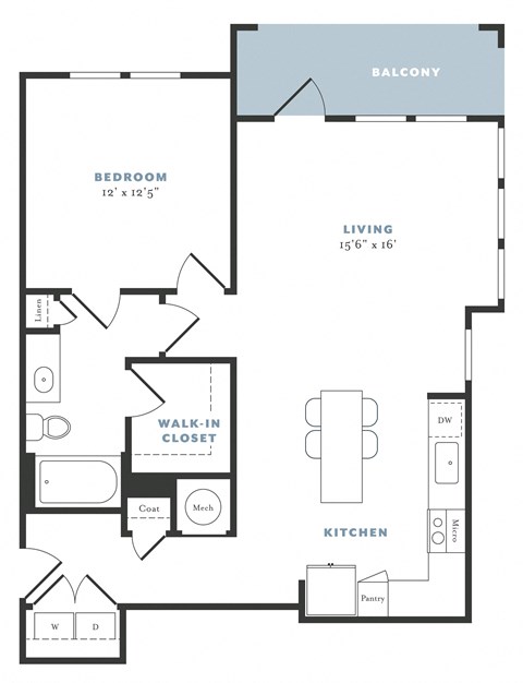 Floor plan for 1 bed, 1 bath, 860 sqft